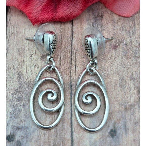 Lot of 3 Silver Tone Pierced Dangle Drop Earrings Hoops Swirl Navy Blue Centers - Picture 5 of 10